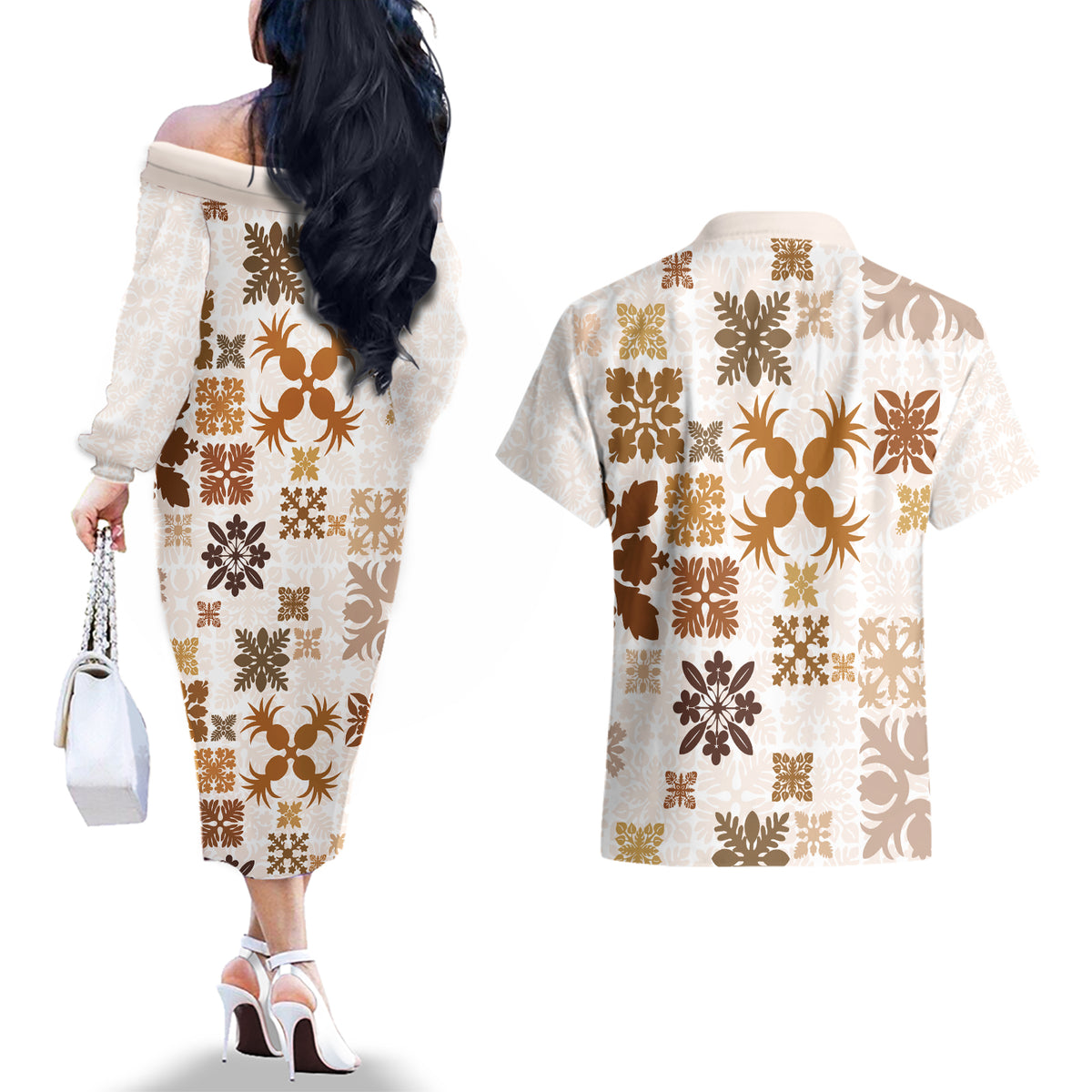Vintage Hawaii Couples Matching Off The Shoulder Long Sleeve Dress and Hawaiian Shirt Hawaiian Quilt Kapa Mismatch Beige LT7 - Polynesian Pride