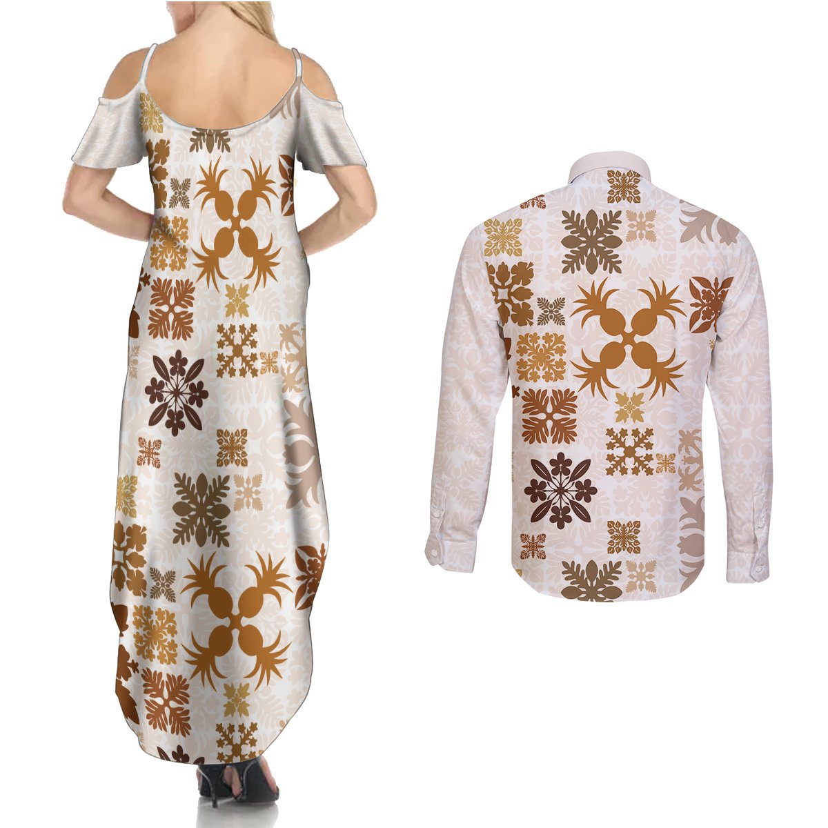 Vintage Hawaii Couples Matching Summer Maxi Dress and Long Sleeve Button Shirts Hawaiian Quilt Kapa Mismatch Beige LT7 - Polynesian Pride