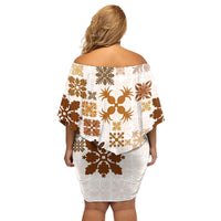 Vintage Hawaii Family Matching Off Shoulder Short Dress and Hawaiian Shirt Hawaiian Quilt Kapa Mismatch Beige LT7 - Polynesian Pride