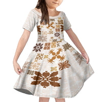 Vintage Hawaii Family Matching Short Sleeve Bodycon Dress and Hawaiian Shirt Hawaiian Quilt Kapa Mismatch Beige LT7 Daughter's Dress Beige - Polynesian Pride