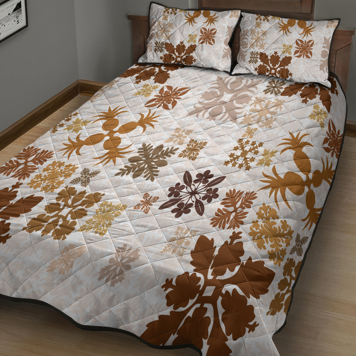 Vintage Hawaii Quilt Bed Set Hawaiian Quilt Kapa Mismatch Beige LT7 - Polynesian Pride