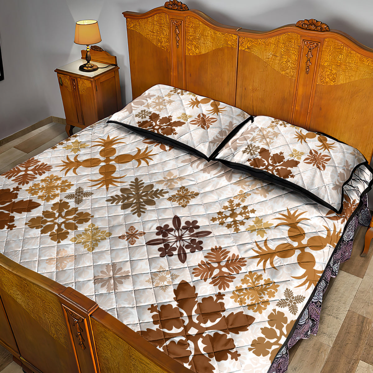 Vintage Hawaii Quilt Bed Set Hawaiian Quilt Kapa Mismatch Beige LT7 - Polynesian Pride