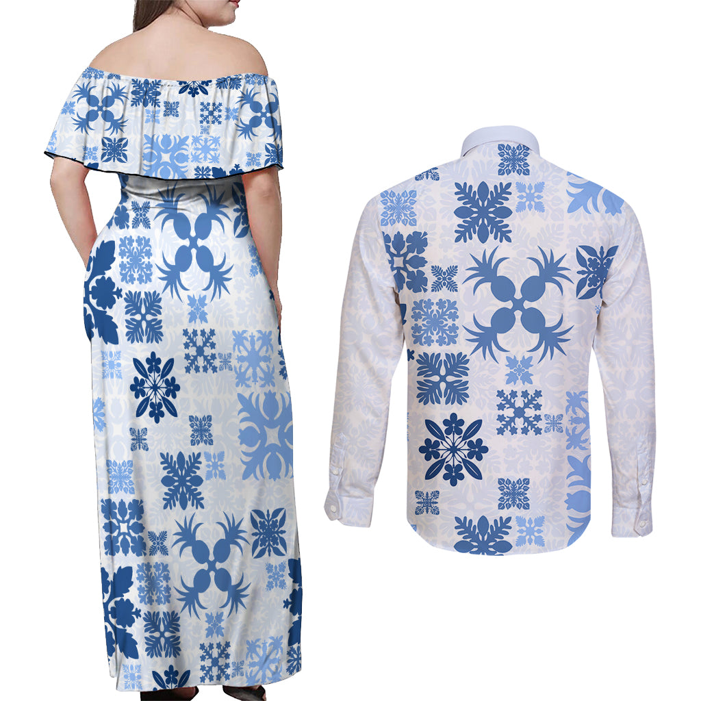Vintage Hawaii Couples Matching Off Shoulder Maxi Dress and Long Sleeve Button Shirts Hawaiian Quilt Kapa Mismatch Blue LT7 - Polynesian Pride