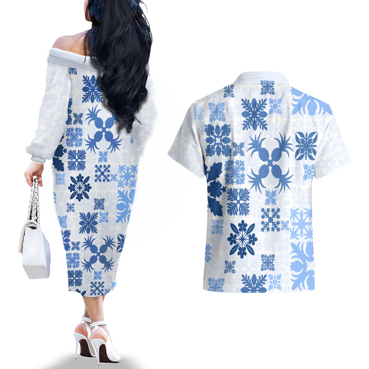 Vintage Hawaii Couples Matching Off The Shoulder Long Sleeve Dress and Hawaiian Shirt Hawaiian Quilt Kapa Mismatch Blue LT7 - Polynesian Pride