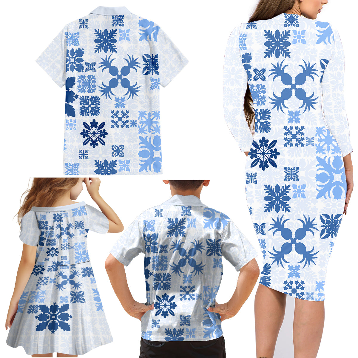 Vintage Hawaii Family Matching Long Sleeve Bodycon Dress and Hawaiian Shirt Hawaiian Quilt Kapa Mismatch Blue LT7 - Polynesian Pride