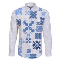 Vintage Hawaii Family Matching Long Sleeve Bodycon Dress and Hawaiian Shirt Hawaiian Quilt Kapa Mismatch Blue LT7 Dad's Shirt - Long Sleeve Blue - Polynesian Pride