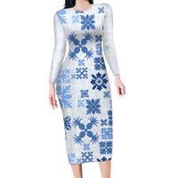 Vintage Hawaii Family Matching Long Sleeve Bodycon Dress and Hawaiian Shirt Hawaiian Quilt Kapa Mismatch Blue LT7 Mom's Dress Blue - Polynesian Pride
