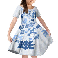 Vintage Hawaii Kid Short Sleeve Dress Hawaiian Quilt Kapa Mismatch Blue LT7 KID Blue - Polynesian Pride