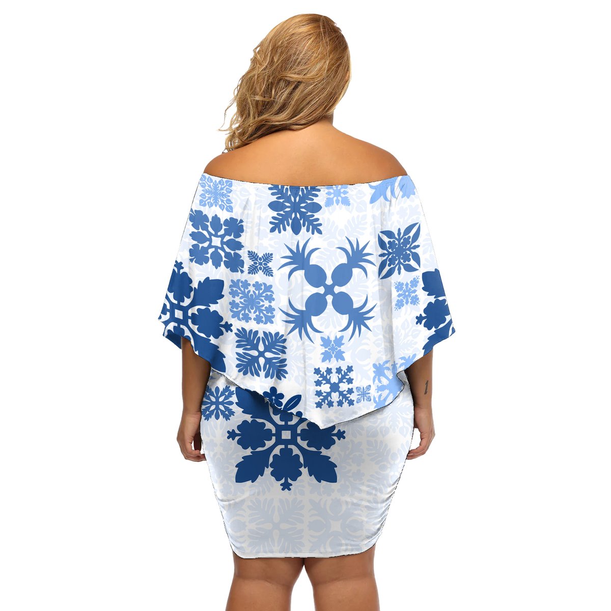 Vintage Hawaii Off Shoulder Short Dress Hawaiian Quilt Kapa Mismatch Blue LT7 - Polynesian Pride
