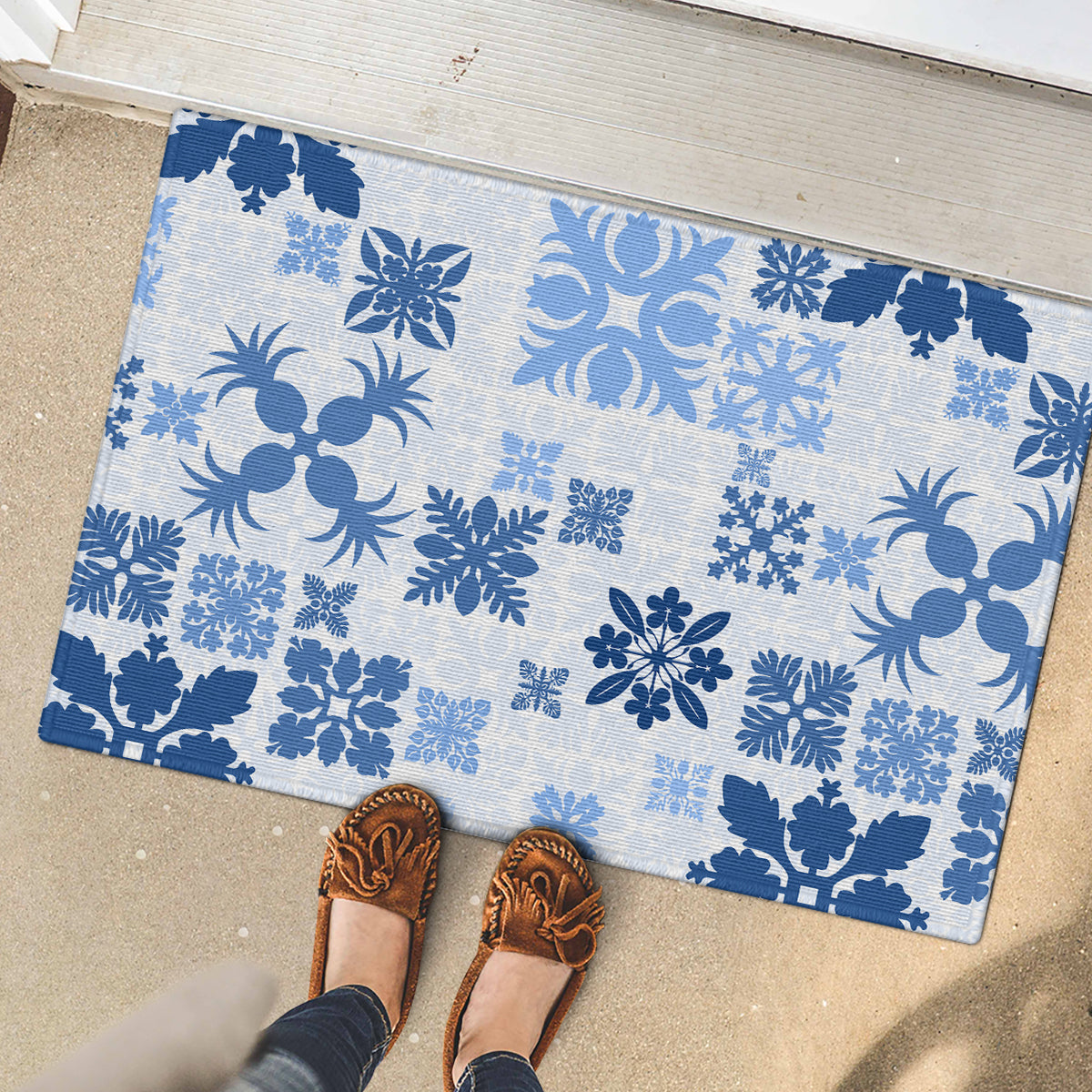 Vintage Hawaii Rubber Doormat Hawaiian Quilt Kapa Mismatch Blue LT7 - Polynesian Pride