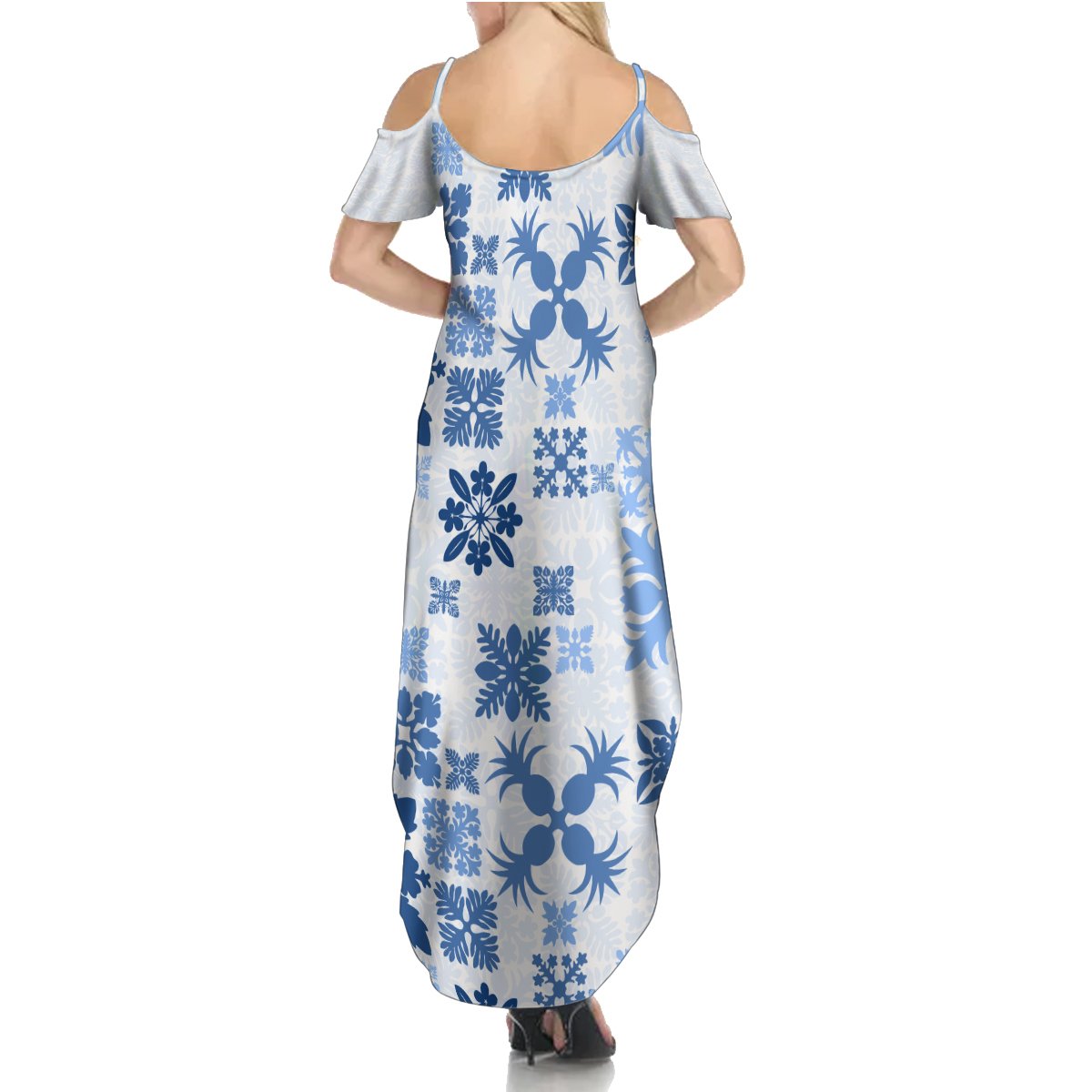 Vintage Hawaii Summer Maxi Dress Hawaiian Quilt Kapa Mismatch Blue LT7 - Polynesian Pride