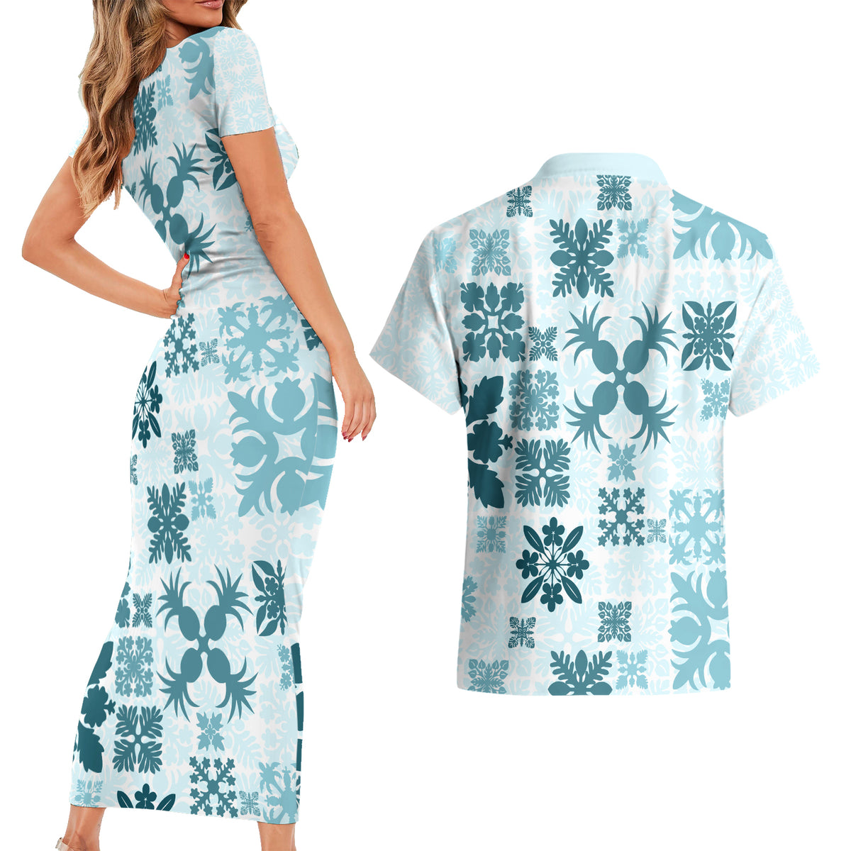 Vintage Hawaii Couples Matching Short Sleeve Bodycon Dress and Hawaiian Shirt Hawaiian Quilt Kapa Mismatch Teal LT7 - Polynesian Pride