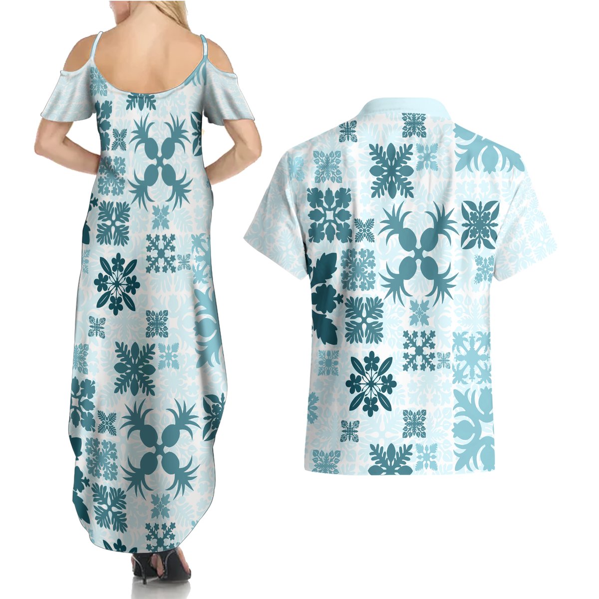 Vintage Hawaii Couples Matching Summer Maxi Dress and Hawaiian Shirt Hawaiian Quilt Kapa Mismatch Teal LT7 - Polynesian Pride