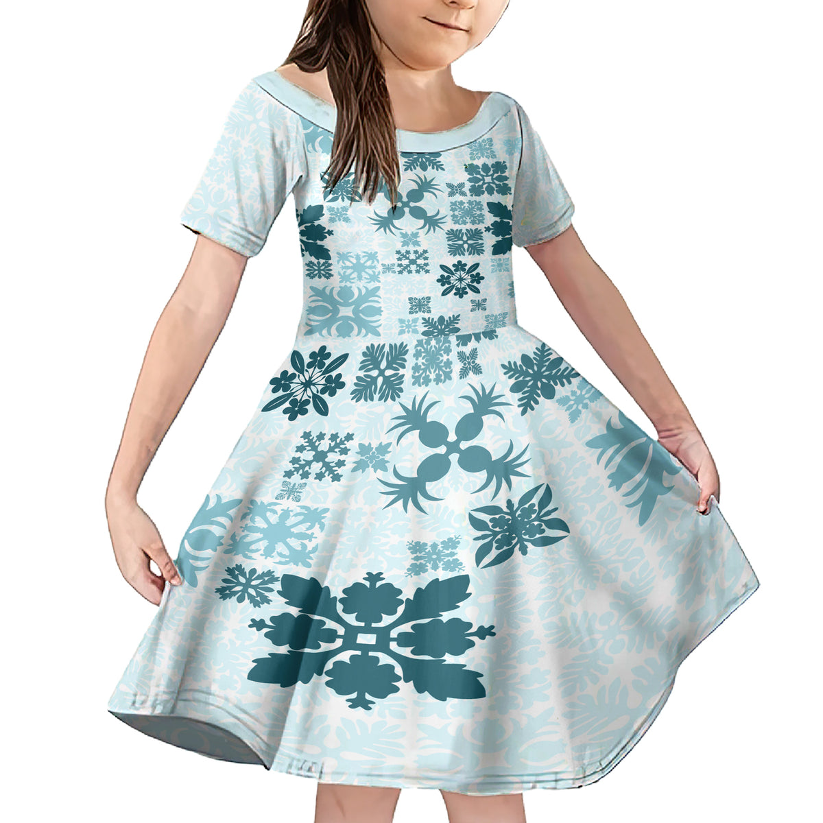 Vintage Hawaii Family Matching Short Sleeve Bodycon Dress and Hawaiian Shirt Hawaiian Quilt Kapa Mismatch Teal LT7 Daughter's Dress Teal - Polynesian Pride