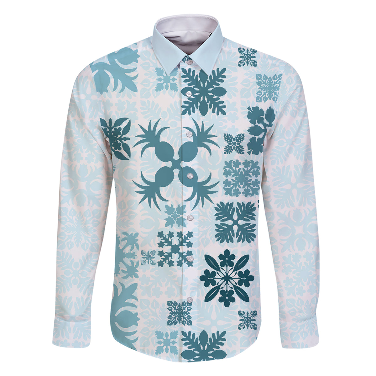 Vintage Hawaii Family Matching Short Sleeve Bodycon Dress and Hawaiian Shirt Hawaiian Quilt Kapa Mismatch Teal LT7 Dad's Shirt - Long Sleeve Teal - Polynesian Pride