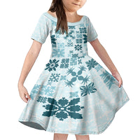 Vintage Hawaii Family Matching Summer Maxi Dress and Hawaiian Shirt Hawaiian Quilt Kapa Mismatch Teal LT7 Daughter's Dress Teal - Polynesian Pride