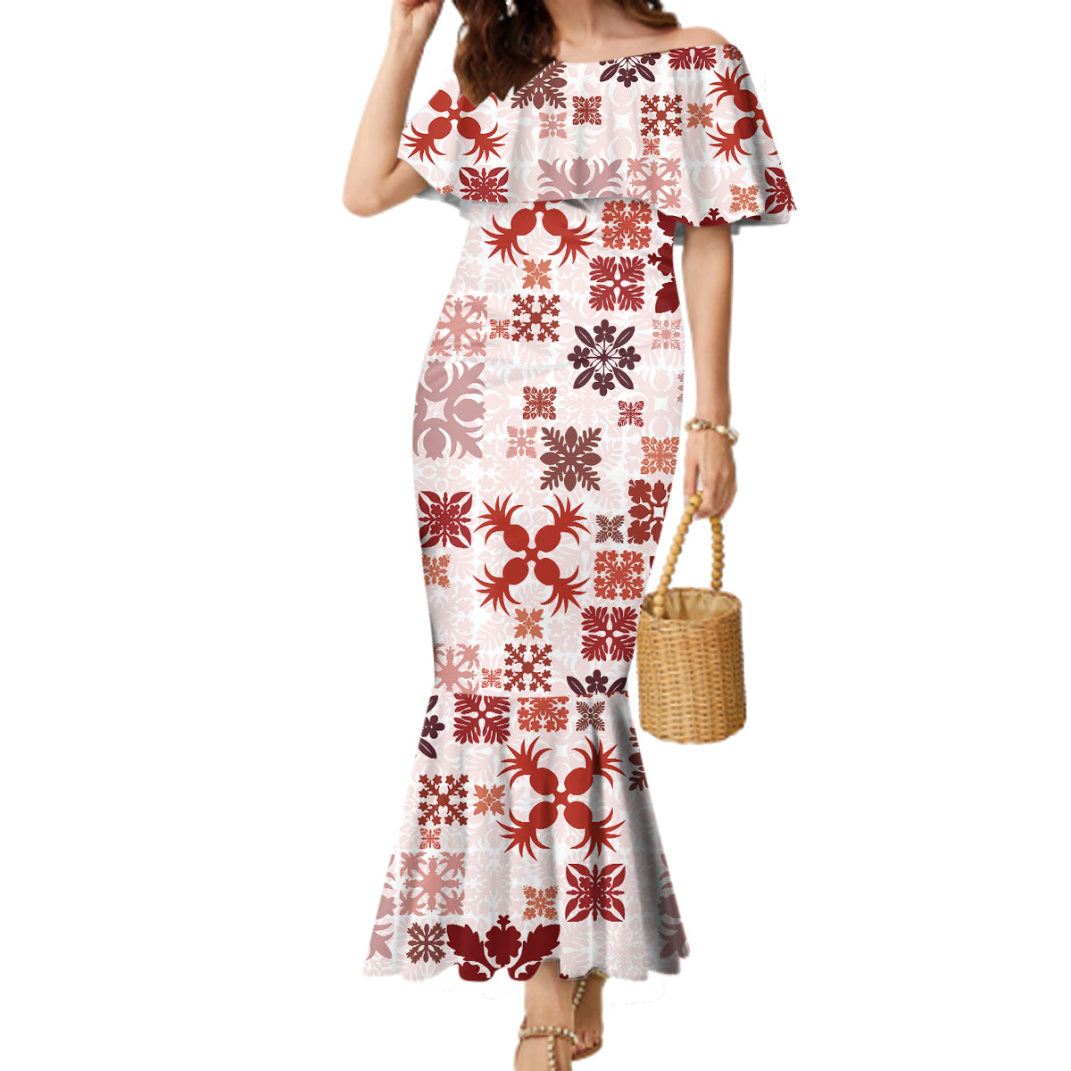 Vintage Hawaii Family Matching Mermaid Dress and Hawaiian Shirt Hawaiian Quilt Kapa Mismatch Red LT7 Mom's Dress Red - Polynesian Pride