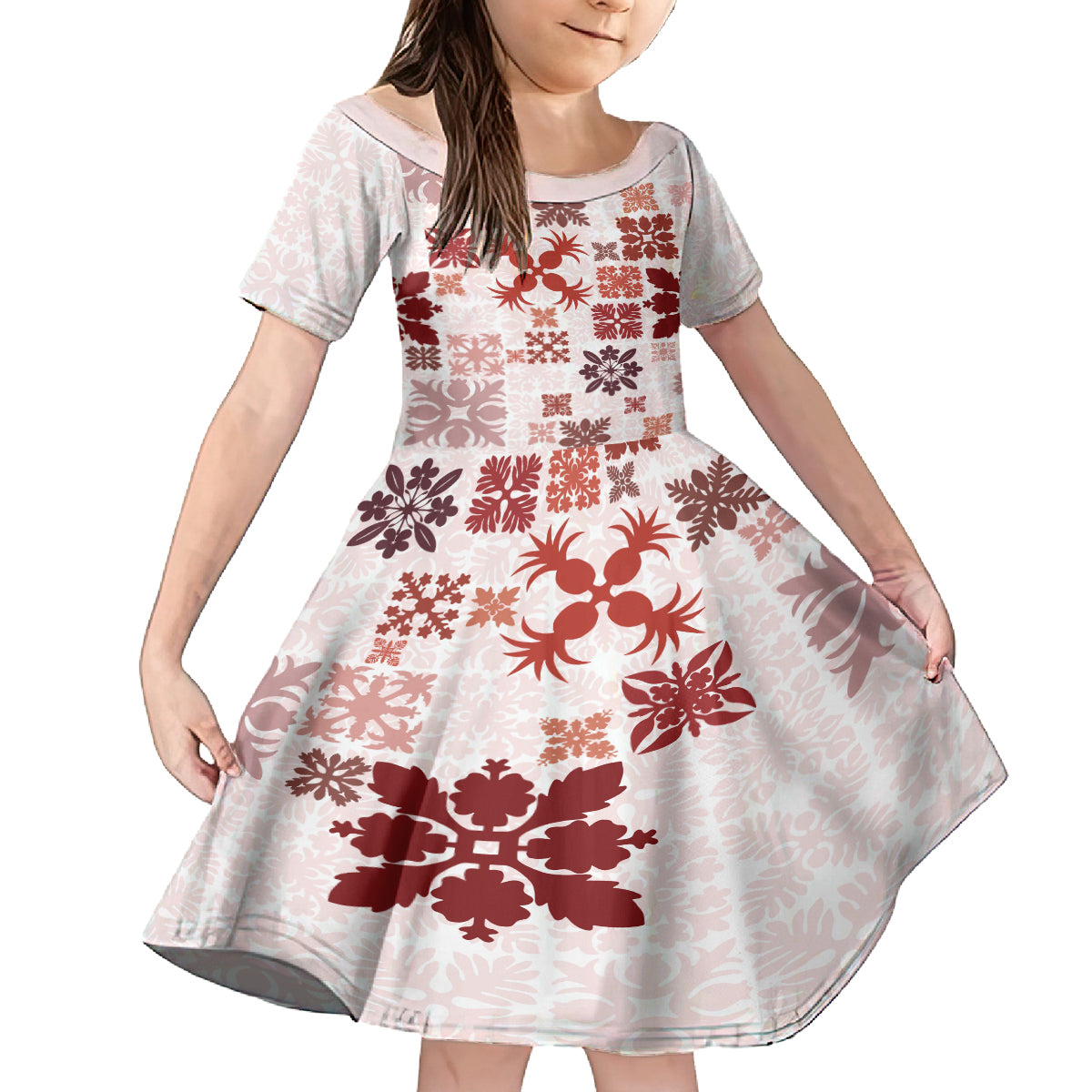 Vintage Hawaii Family Matching Summer Maxi Dress and Hawaiian Shirt Hawaiian Quilt Kapa Mismatch Red LT7 Daughter's Dress Red - Polynesian Pride