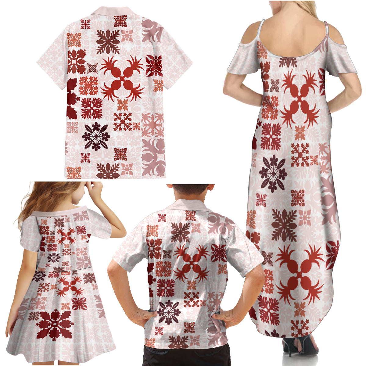 Vintage Hawaii Family Matching Summer Maxi Dress and Hawaiian Shirt Hawaiian Quilt Kapa Mismatch Red LT7 - Polynesian Pride