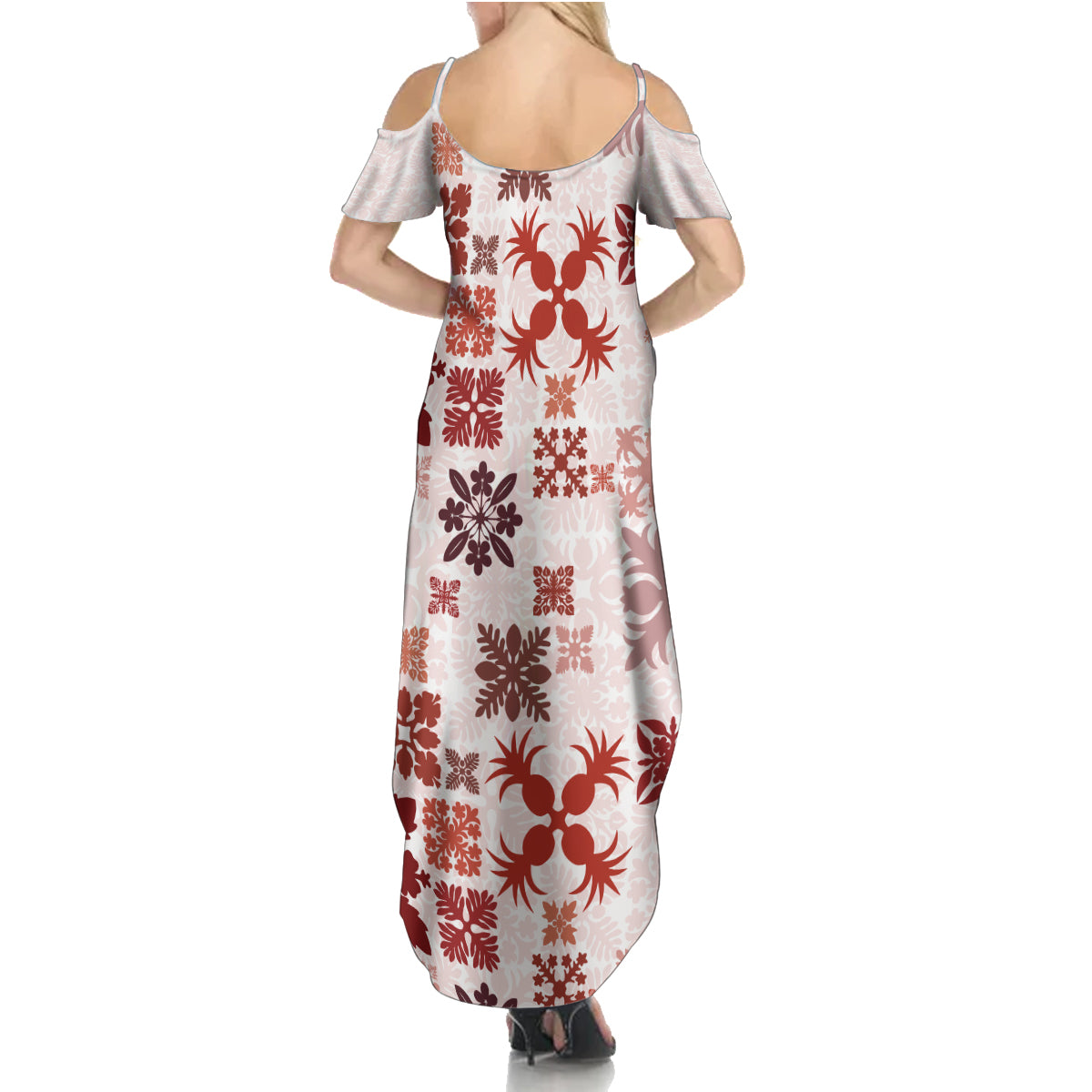 Vintage Hawaii Family Matching Summer Maxi Dress and Hawaiian Shirt Hawaiian Quilt Kapa Mismatch Red LT7 - Polynesian Pride