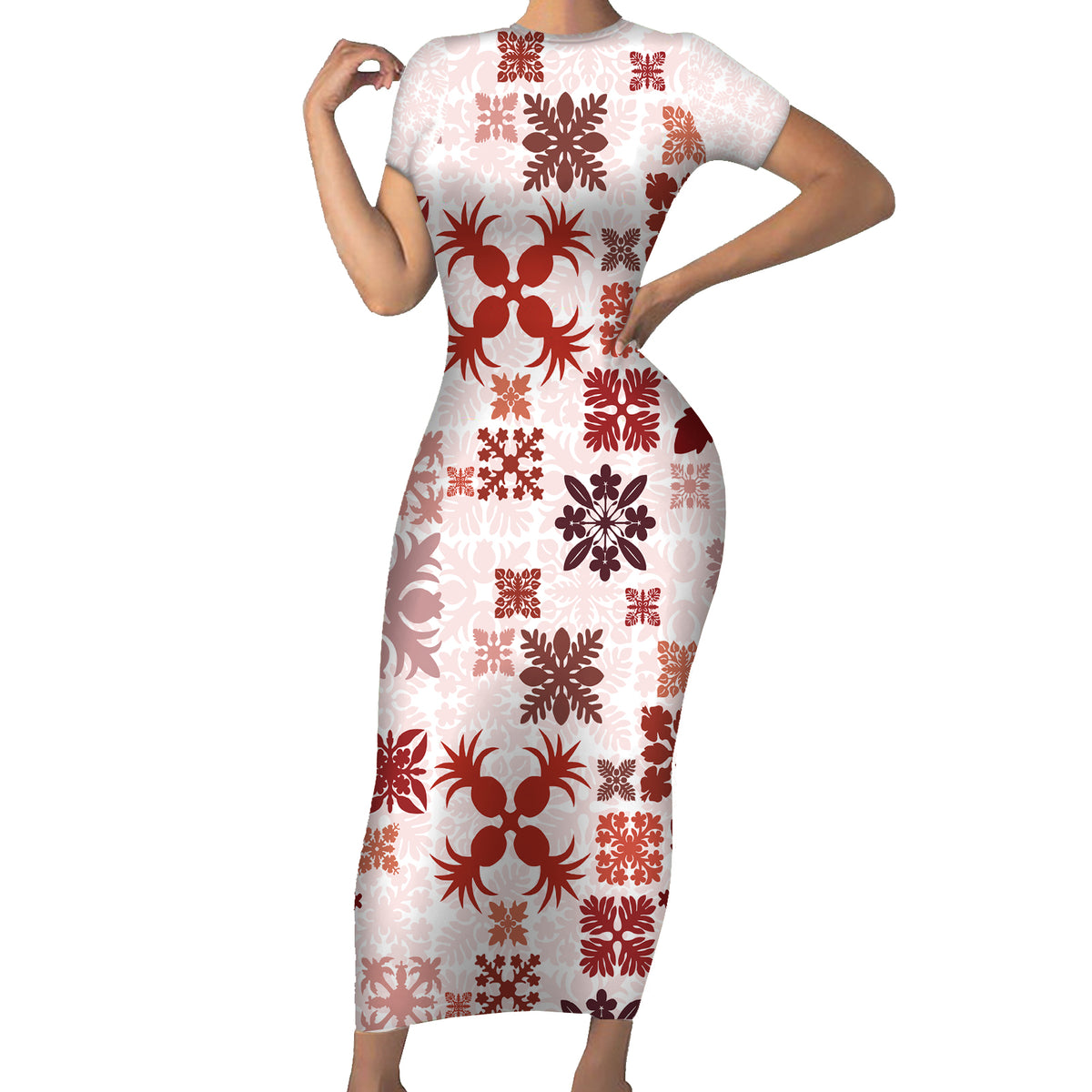 Vintage Hawaii Short Sleeve Bodycon Dress Hawaiian Quilt Kapa Mismatch Red LT7 Long Dress Red - Polynesian Pride