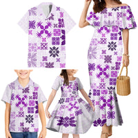 Vintage Hawaii Family Matching Mermaid Dress and Hawaiian Shirt Hawaiian Quilt Kapa Mismatch Purple LT7 - Polynesian Pride