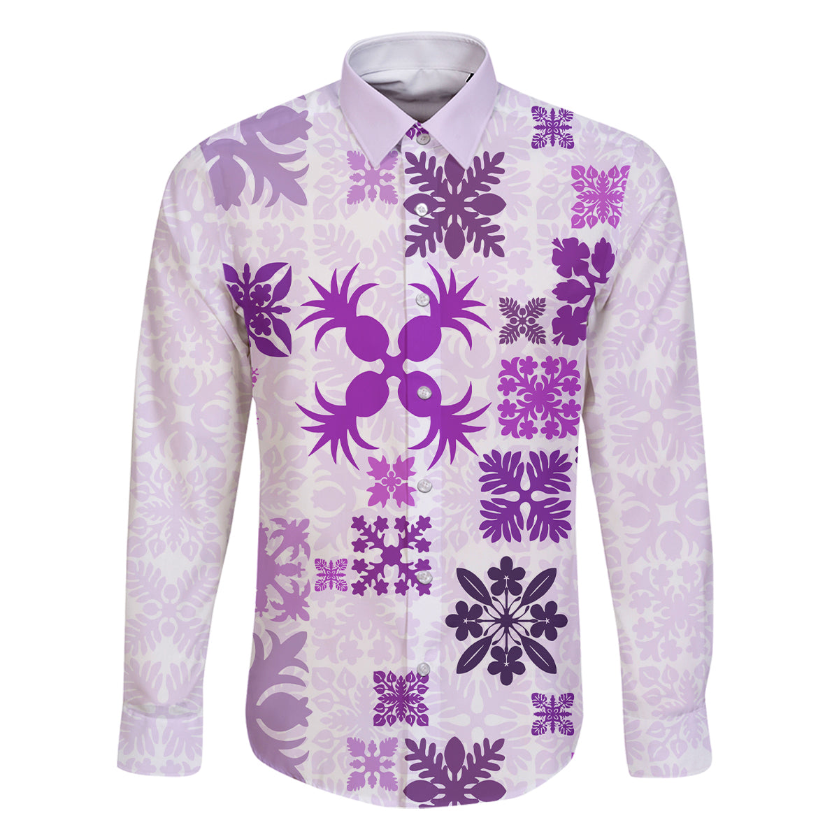 Vintage Hawaii Family Matching Off Shoulder Long Sleeve Dress and Hawaiian Shirt Hawaiian Quilt Kapa Mismatch Purple LT7 Dad's Shirt - Long Sleeve Purple - Polynesian Pride