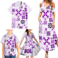 Vintage Hawaii Family Matching Summer Maxi Dress and Hawaiian Shirt Hawaiian Quilt Kapa Mismatch Purple LT7 - Polynesian Pride