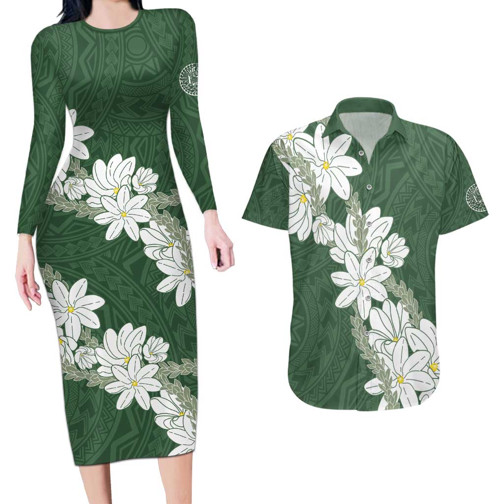 Ia Orana Tahiti Tiare Couples Matching Long Sleeve Bodycon Dress and Hawaiian Shirt Sage Green Lei LT7 Sage Green - Polynesian Pride