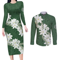 Ia Orana Tahiti Tiare Couples Matching Long Sleeve Bodycon Dress and Long Sleeve Button Shirt Sage Green Lei LT7 Sage Green - Polynesian Pride