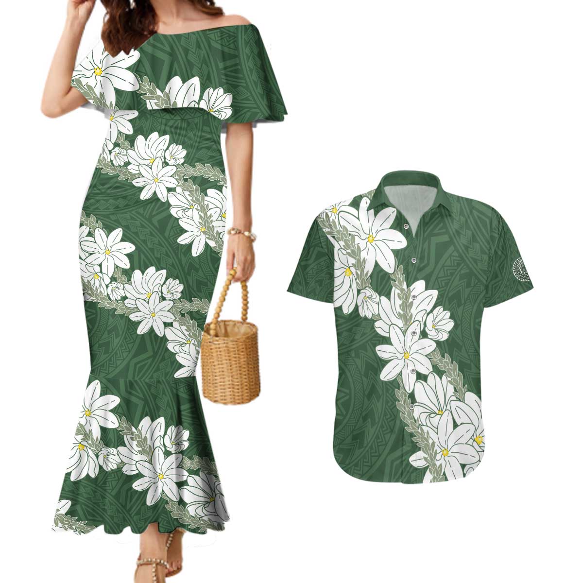 Ia Orana Tahiti Tiare Couples Matching Mermaid Dress and Hawaiian Shirt Sage Green Lei LT7 Sage Green - Polynesian Pride