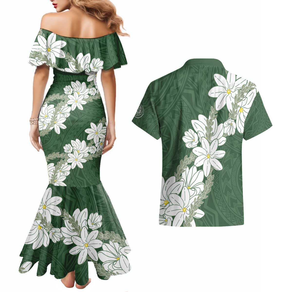 Ia Orana Tahiti Tiare Couples Matching Mermaid Dress and Hawaiian Shirt Sage Green Lei LT7 - Polynesian Pride