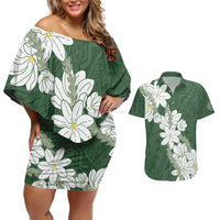 Ia Orana Tahiti Tiare Couples Matching Off Shoulder Short Dress and Hawaiian Shirt Sage Green Lei LT7 Sage Green - Polynesian Pride
