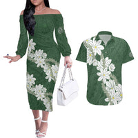 Ia Orana Tahiti Tiare Couples Matching Off The Shoulder Long Sleeve Dress and Hawaiian Shirt Sage Green Lei LT7 Sage Green - Polynesian Pride
