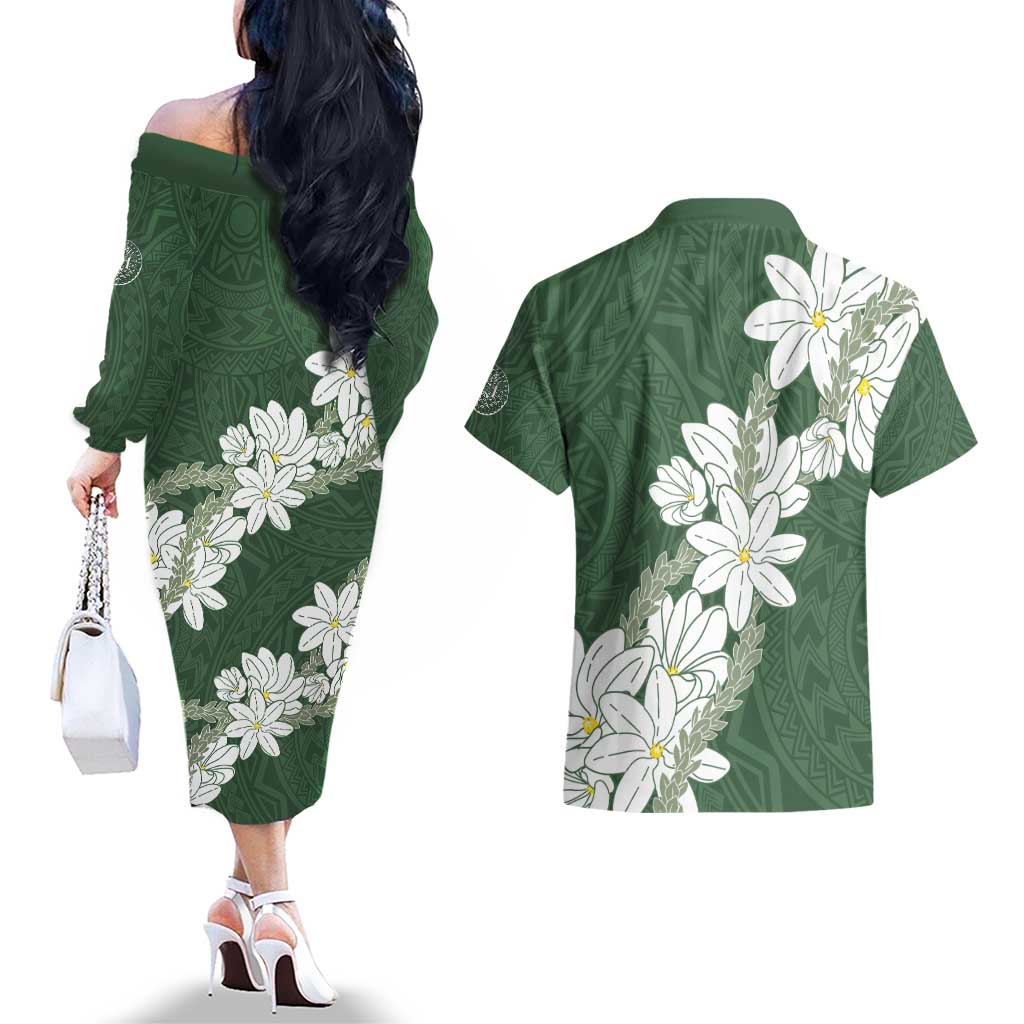 Ia Orana Tahiti Tiare Couples Matching Off The Shoulder Long Sleeve Dress and Hawaiian Shirt Sage Green Lei LT7 - Polynesian Pride