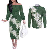 Ia Orana Tahiti Tiare Couples Matching Off The Shoulder Long Sleeve Dress and Long Sleeve Button Shirt Sage Green Lei LT7 Sage Green - Polynesian Pride