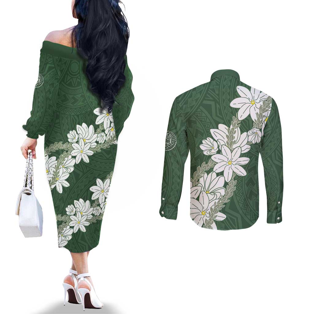 Ia Orana Tahiti Tiare Couples Matching Off The Shoulder Long Sleeve Dress and Long Sleeve Button Shirt Sage Green Lei LT7 - Polynesian Pride