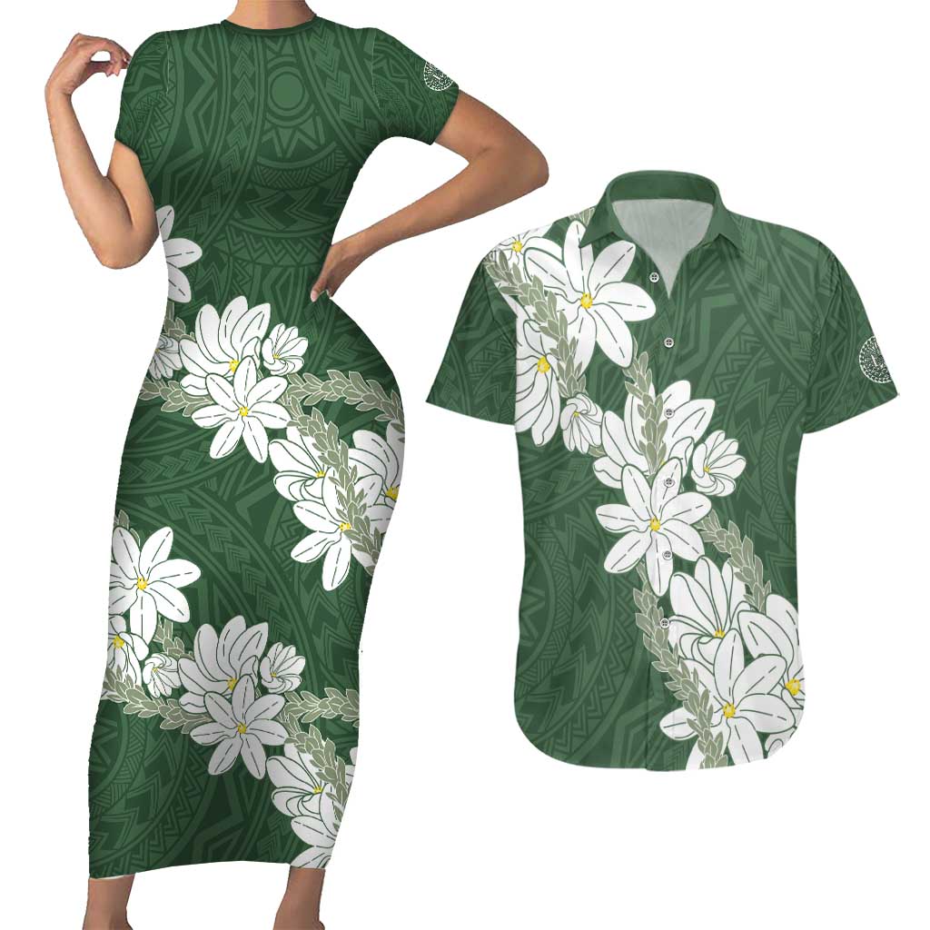 Ia Orana Tahiti Tiare Couples Matching Short Sleeve Bodycon Dress and Hawaiian Shirt Sage Green Lei LT7 Sage Green - Polynesian Pride