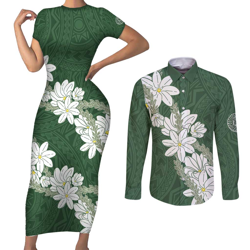 Ia Orana Tahiti Tiare Couples Matching Short Sleeve Bodycon Dress and Long Sleeve Button Shirt Sage Green Lei LT7 Sage Green - Polynesian Pride