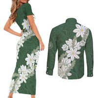 Ia Orana Tahiti Tiare Couples Matching Short Sleeve Bodycon Dress and Long Sleeve Button Shirt Sage Green Lei LT7 - Polynesian Pride
