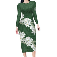 Ia Orana Tahiti Tiare Family Matching Long Sleeve Bodycon Dress and Hawaiian Shirt Sage Green Lei LT7 Mom's Dress Sage Green - Polynesian Pride