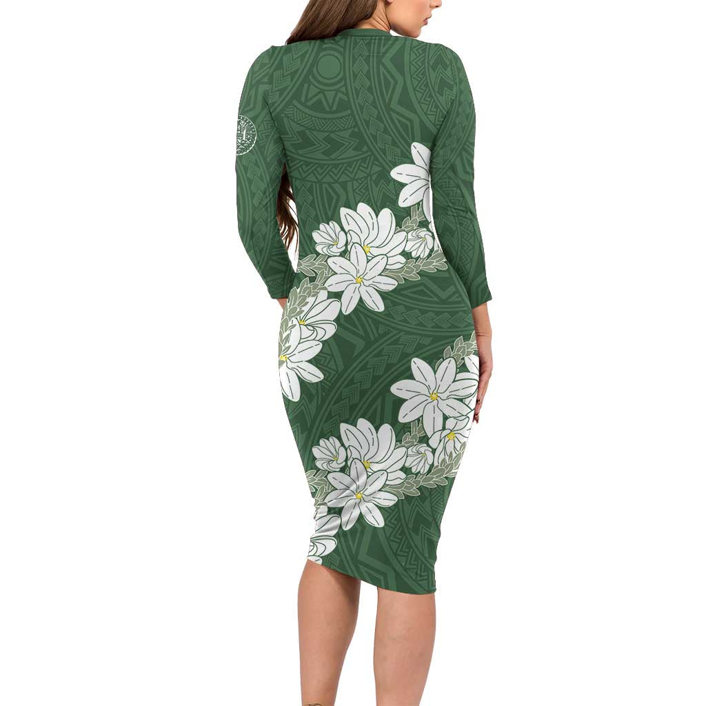 Ia Orana Tahiti Tiare Family Matching Long Sleeve Bodycon Dress and Hawaiian Shirt Sage Green Lei LT7 - Polynesian Pride