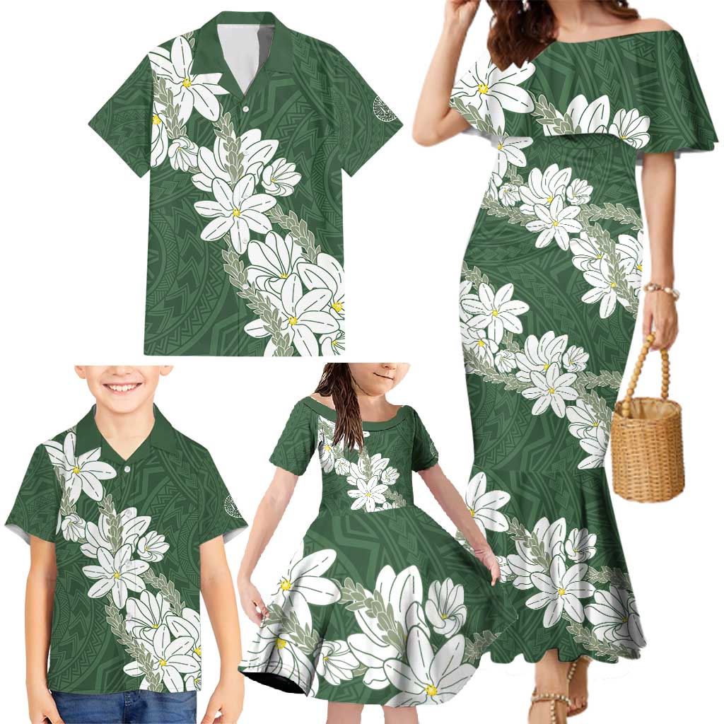 Ia Orana Tahiti Tiare Family Matching Mermaid Dress and Hawaiian Shirt Sage Green Lei LT7 - Polynesian Pride