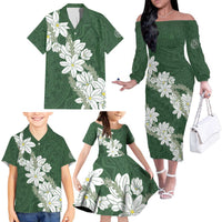 Ia Orana Tahiti Tiare Family Matching Off The Shoulder Long Sleeve Dress and Hawaiian Shirt Sage Green Lei LT7 - Polynesian Pride