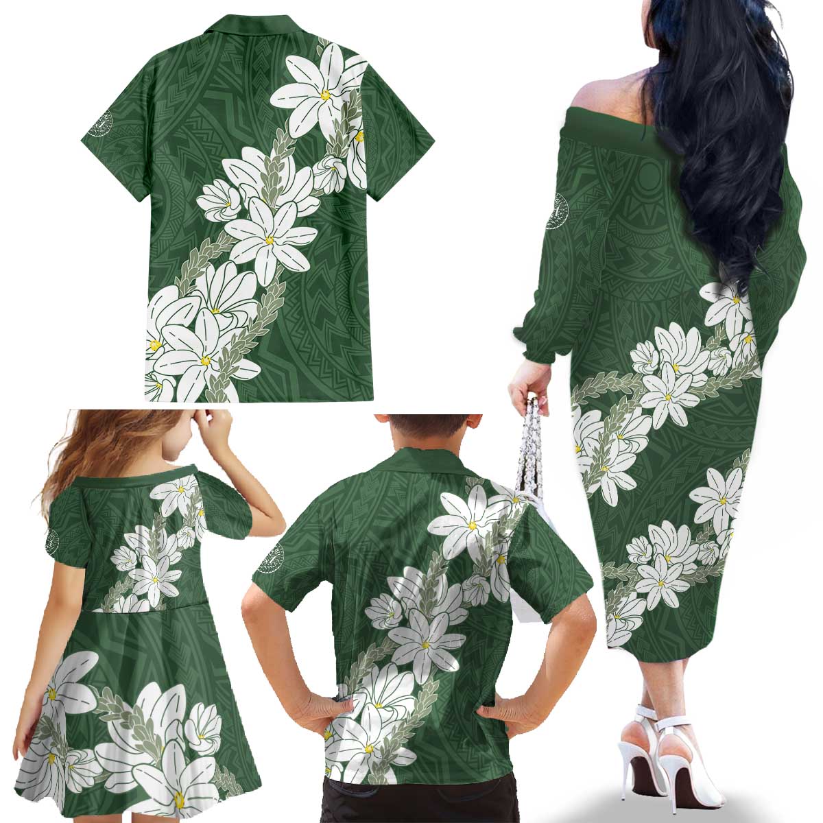 Ia Orana Tahiti Tiare Family Matching Off The Shoulder Long Sleeve Dress and Hawaiian Shirt Sage Green Lei LT7 - Polynesian Pride