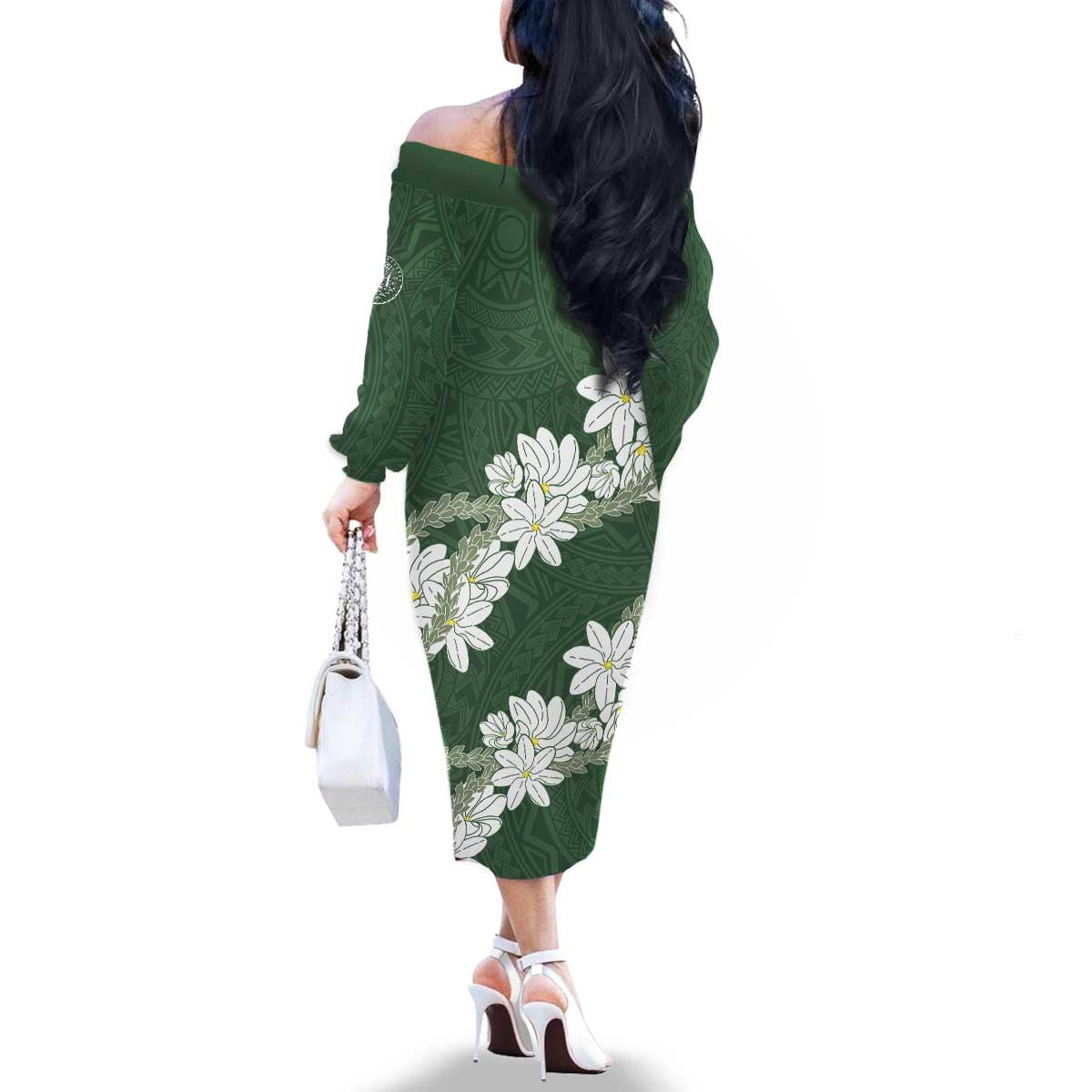 Ia Orana Tahiti Tiare Family Matching Off The Shoulder Long Sleeve Dress and Hawaiian Shirt Sage Green Lei LT7 - Polynesian Pride