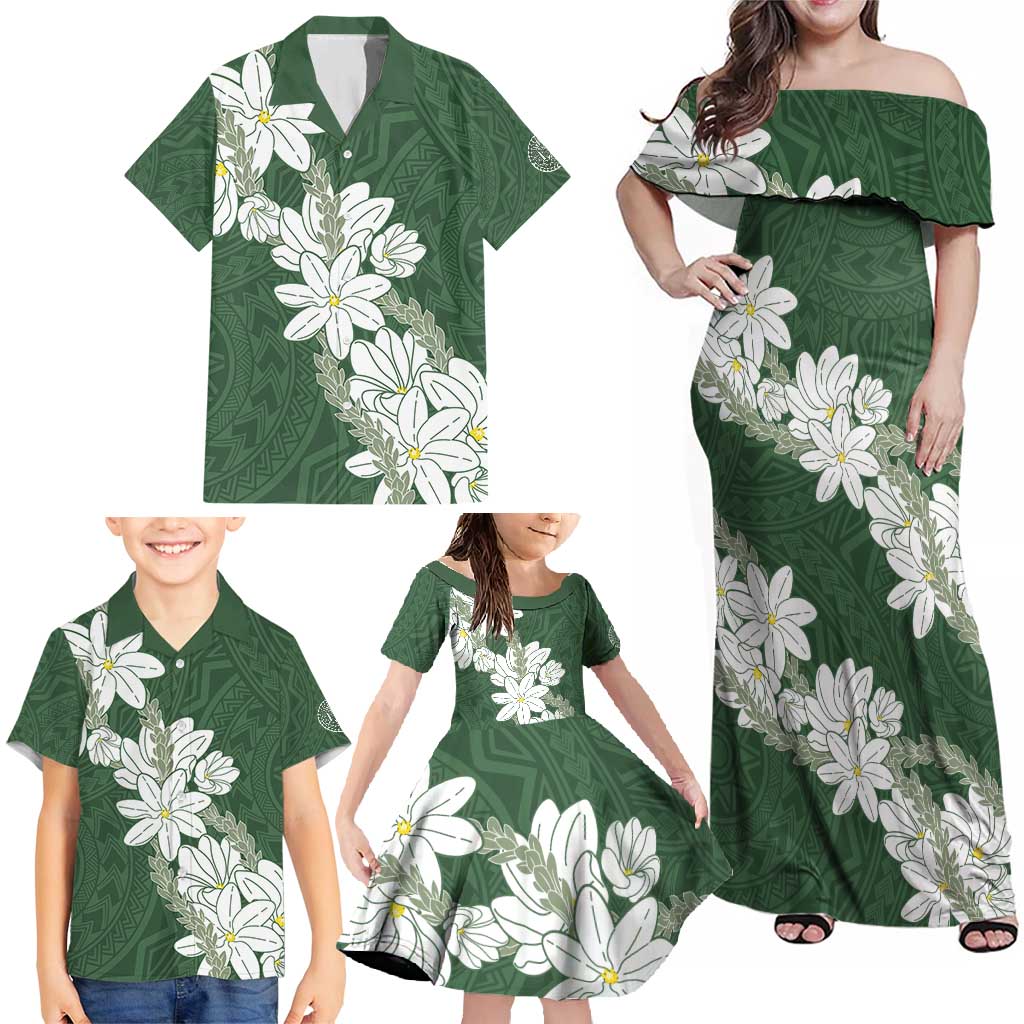 Ia Orana Tahiti Tiare Family Matching Off Shoulder Maxi Dress and Hawaiian Shirt Sage Green Lei LT7 - Polynesian Pride