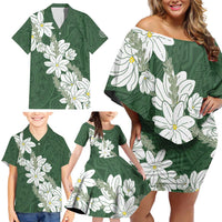 Ia Orana Tahiti Tiare Family Matching Off Shoulder Short Dress and Hawaiian Shirt Sage Green Lei LT7 - Polynesian Pride