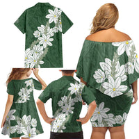 Ia Orana Tahiti Tiare Family Matching Off Shoulder Short Dress and Hawaiian Shirt Sage Green Lei LT7 - Polynesian Pride