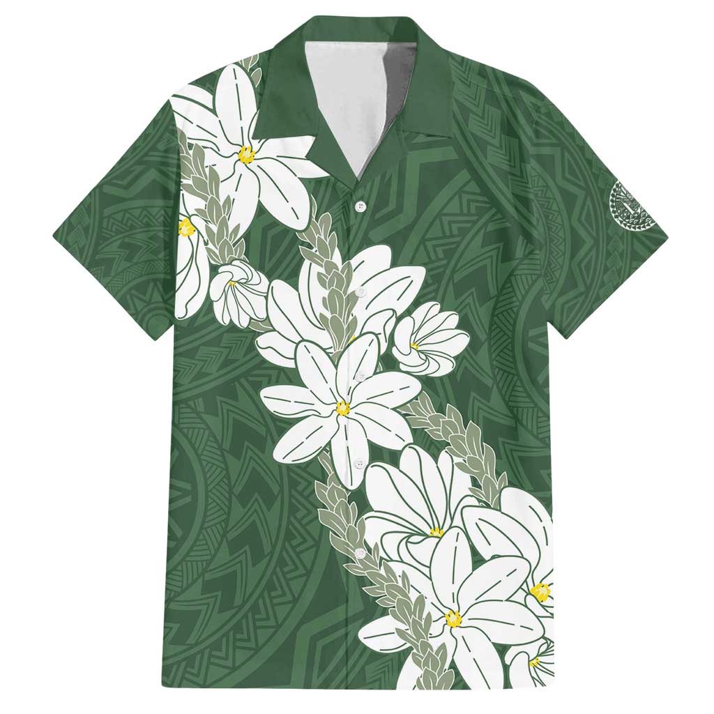 Ia Orana Tahiti Tiare Family Matching Off Shoulder Short Dress and Hawaiian Shirt Sage Green Lei LT7 Dad's Shirt - Short Sleeve Sage Green - Polynesian Pride
